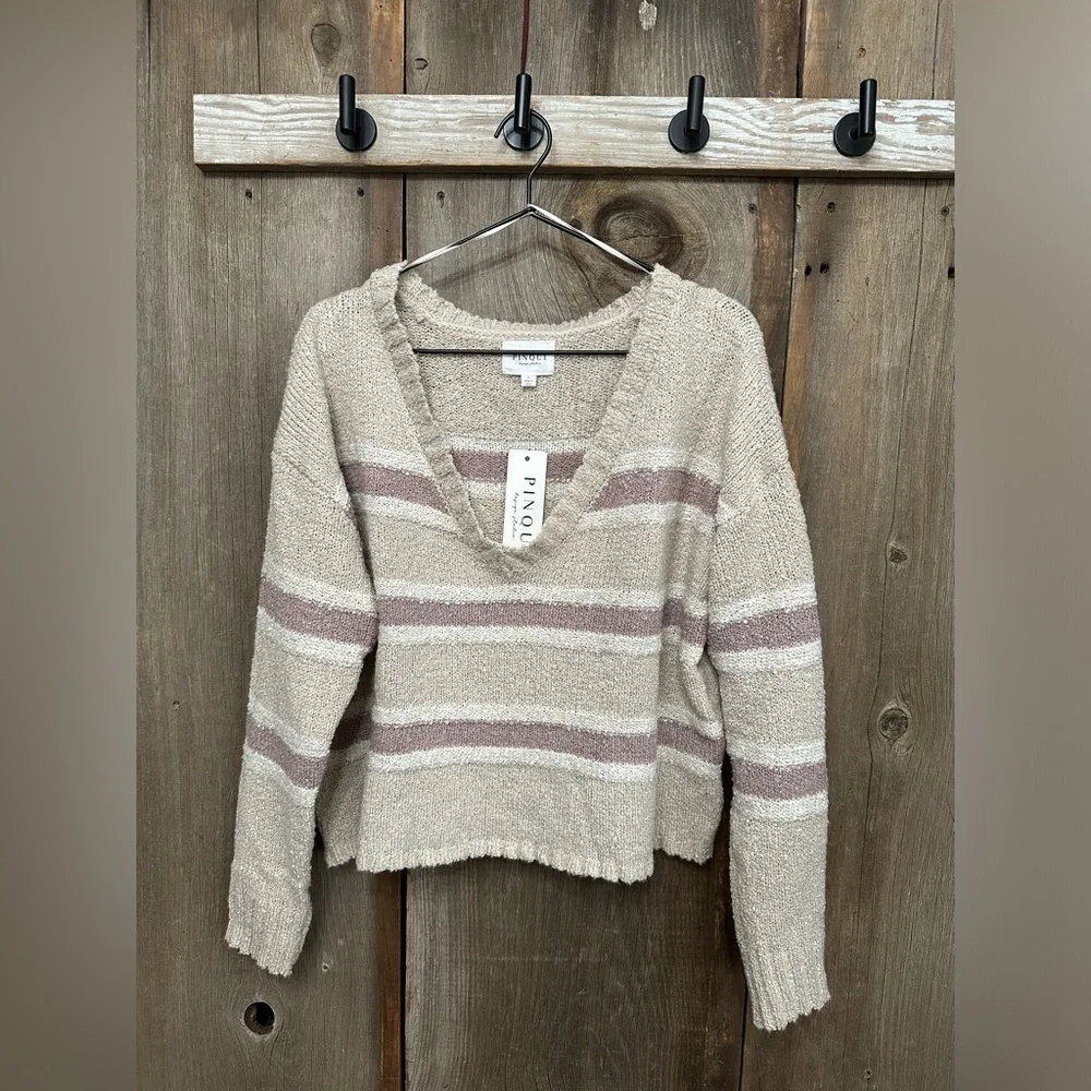 Pinque Striped V-neck Sweater in Oatmeal Mauve Combo Size Large Women’s